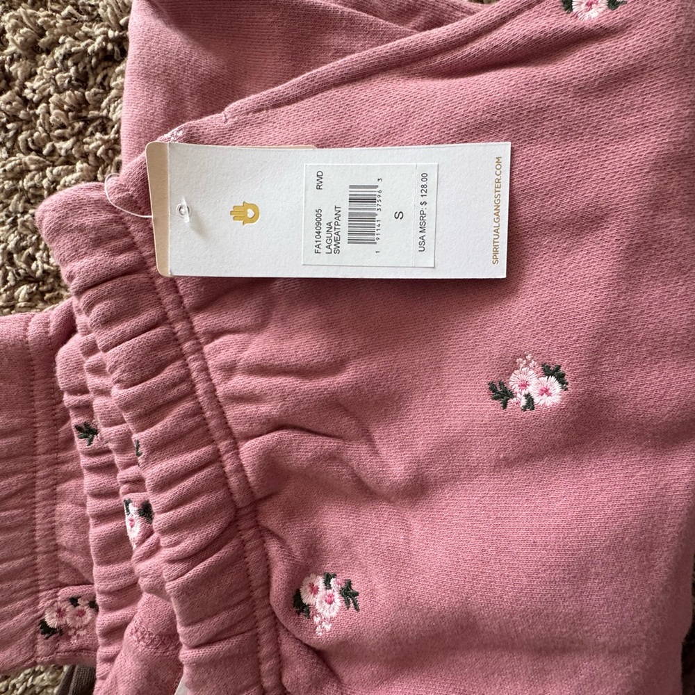 NWT Spiritual Gangster Pink Floral Embroidered sweat Pants